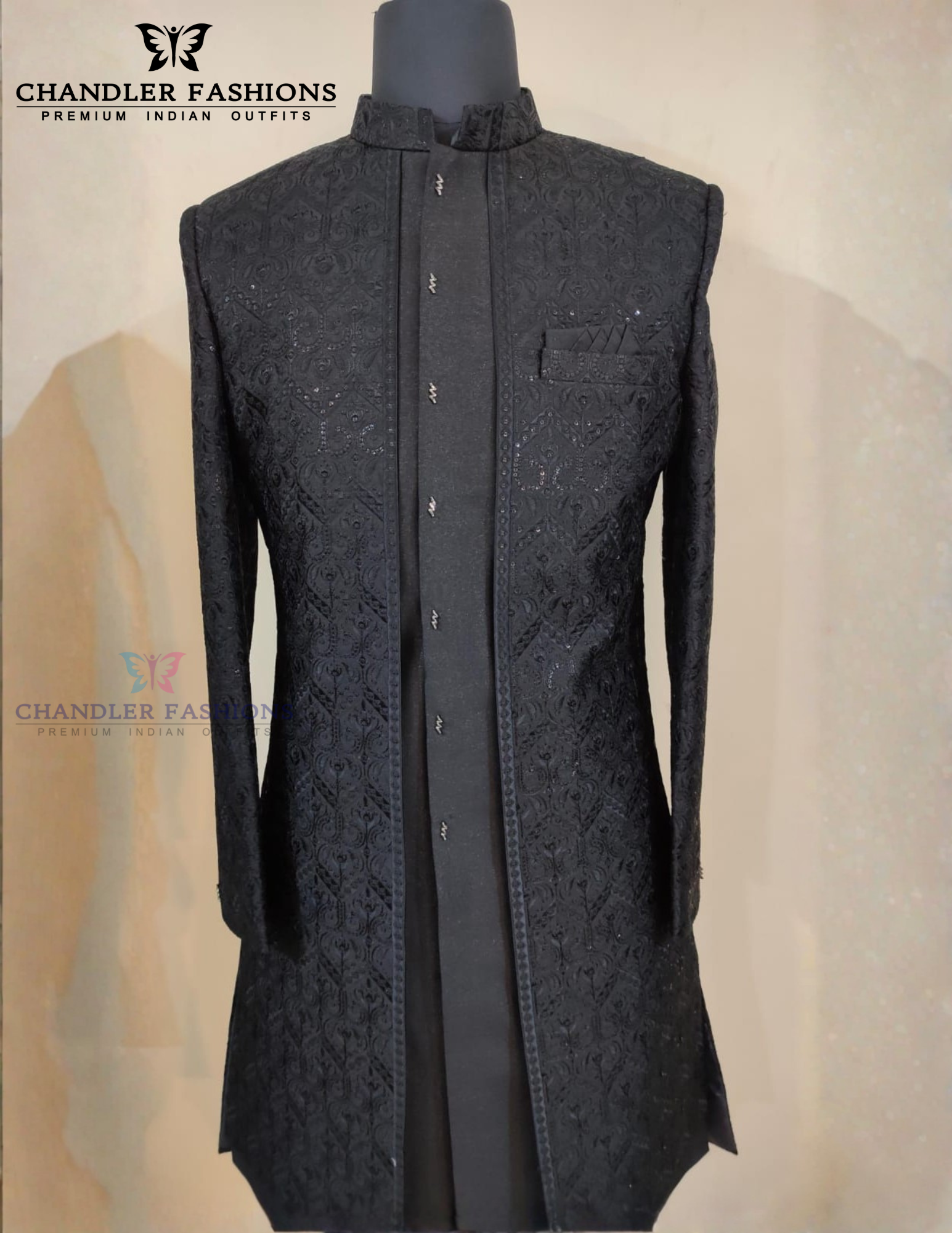 Black Color Silk With Embroidery And Sequins Work Sherwani Suit Near Me
