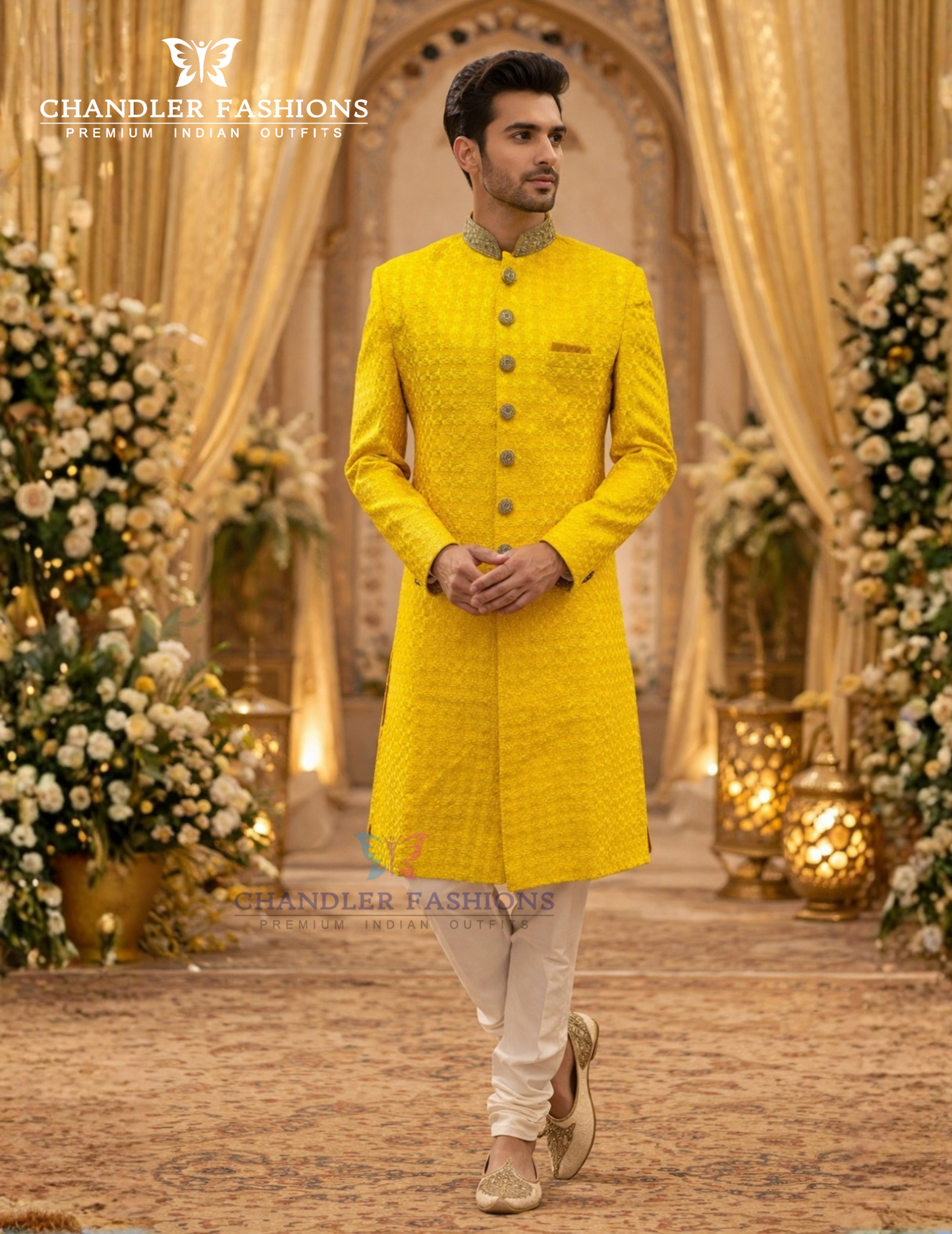 Marvelous Yellow Color Silk With Embroidery Work Sherwani Suits For Men - PREMIUM QUALITY