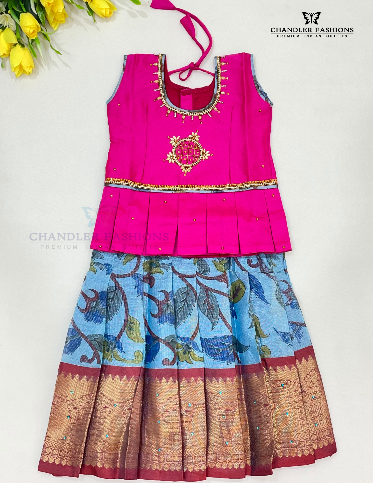 Beautiful Pink Colored Silk Langa Sets With Stone Work For Girls