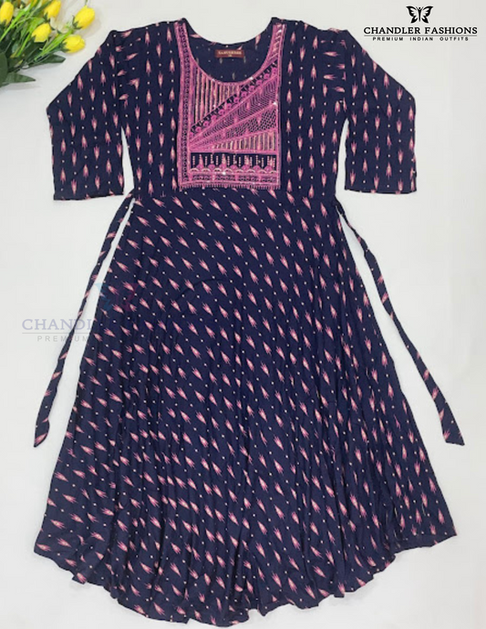 Attractive Dark Blue Color Embroidery And Sequins Work Kurti For Girls