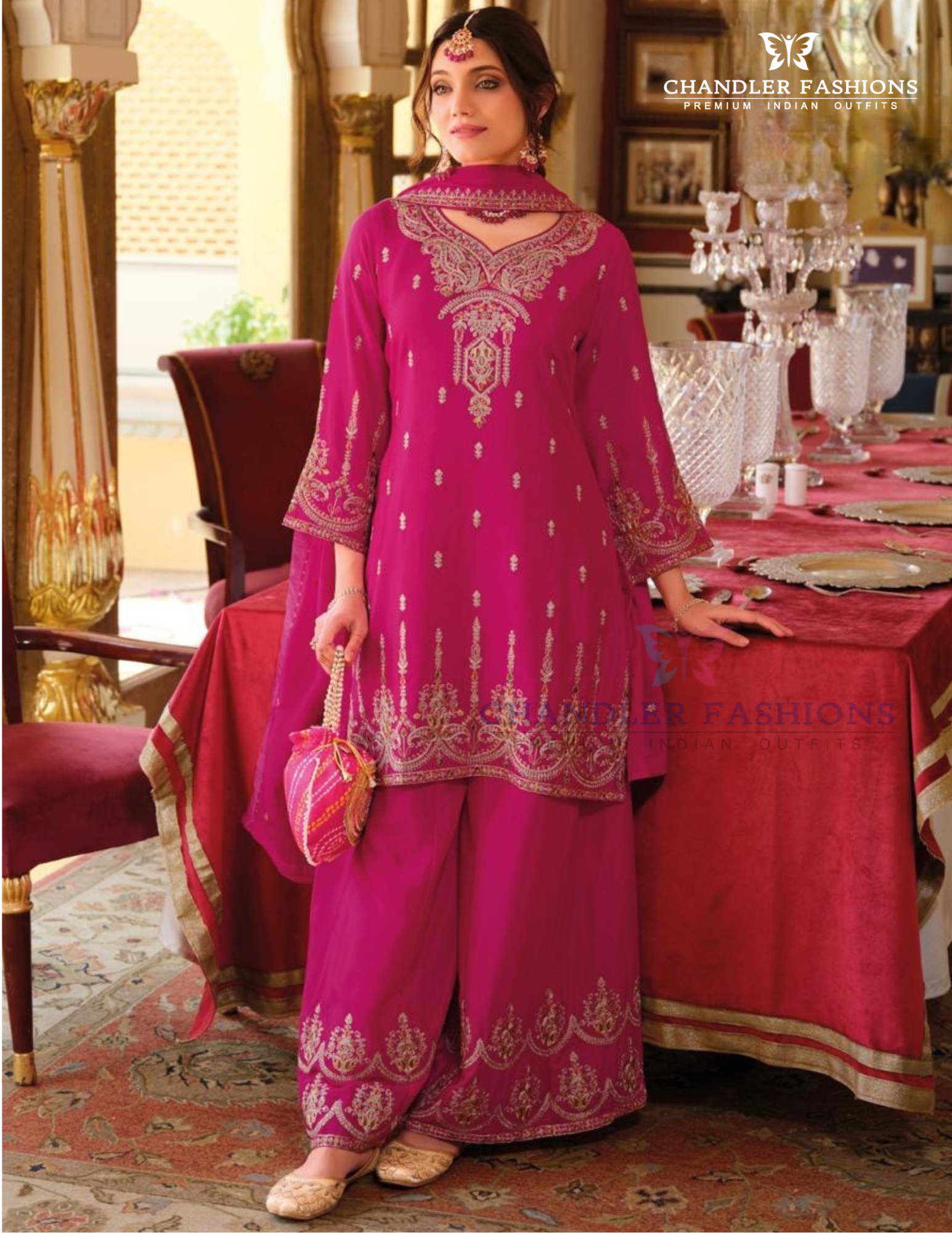 Wonderful Pink Color Chinon Embroidery Work Kurti Palazzo Pant With Dupatta