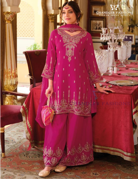 Wonderful Pink Color Chinon Embroidery Work Kurti Palazzo Pant With Dupatta