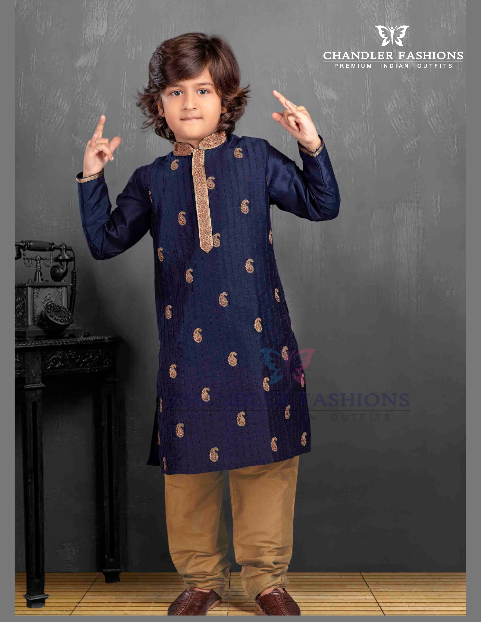 Attractive Navy Blue Color Poly Cotton With Embroidery Work Kurta Pajama Set For Kids