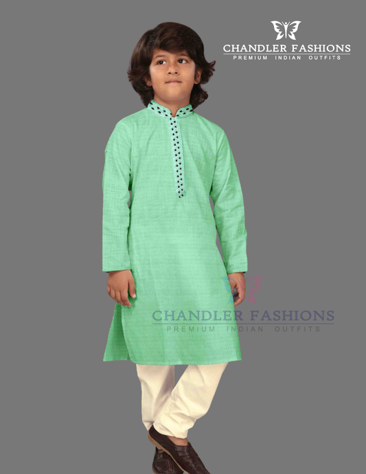 Attractive Pista Green Color Cotton Kurta Pajama Set For Kids