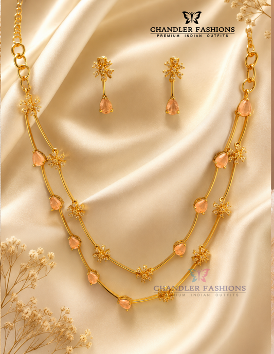 Alluring Pink and White Stone Gold Plated Necklace Set For Women