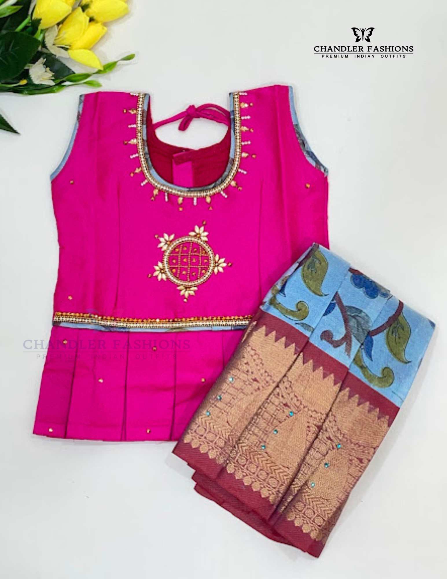 Pink Colored Silk Langa Sets With Stone Work In USA