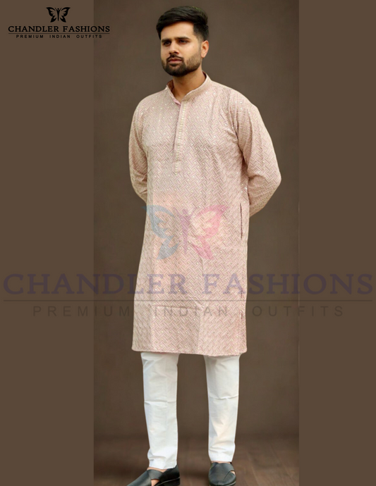 Marvelous Beige Color Rayon Kurta With  Embroidery And Sequins Work Pajama For Men