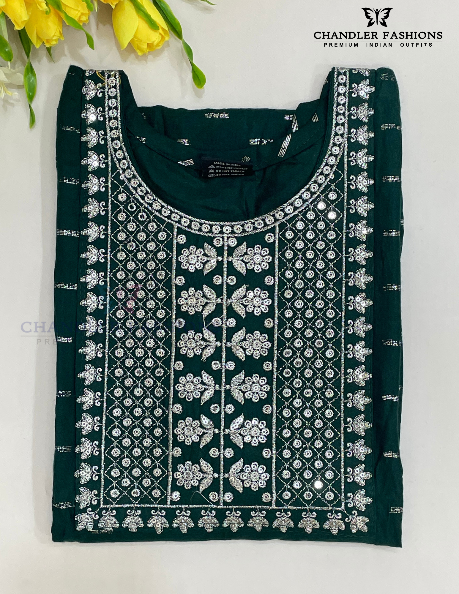 Dark Green Color Rayon With Embroidery Work Kurti Near Me