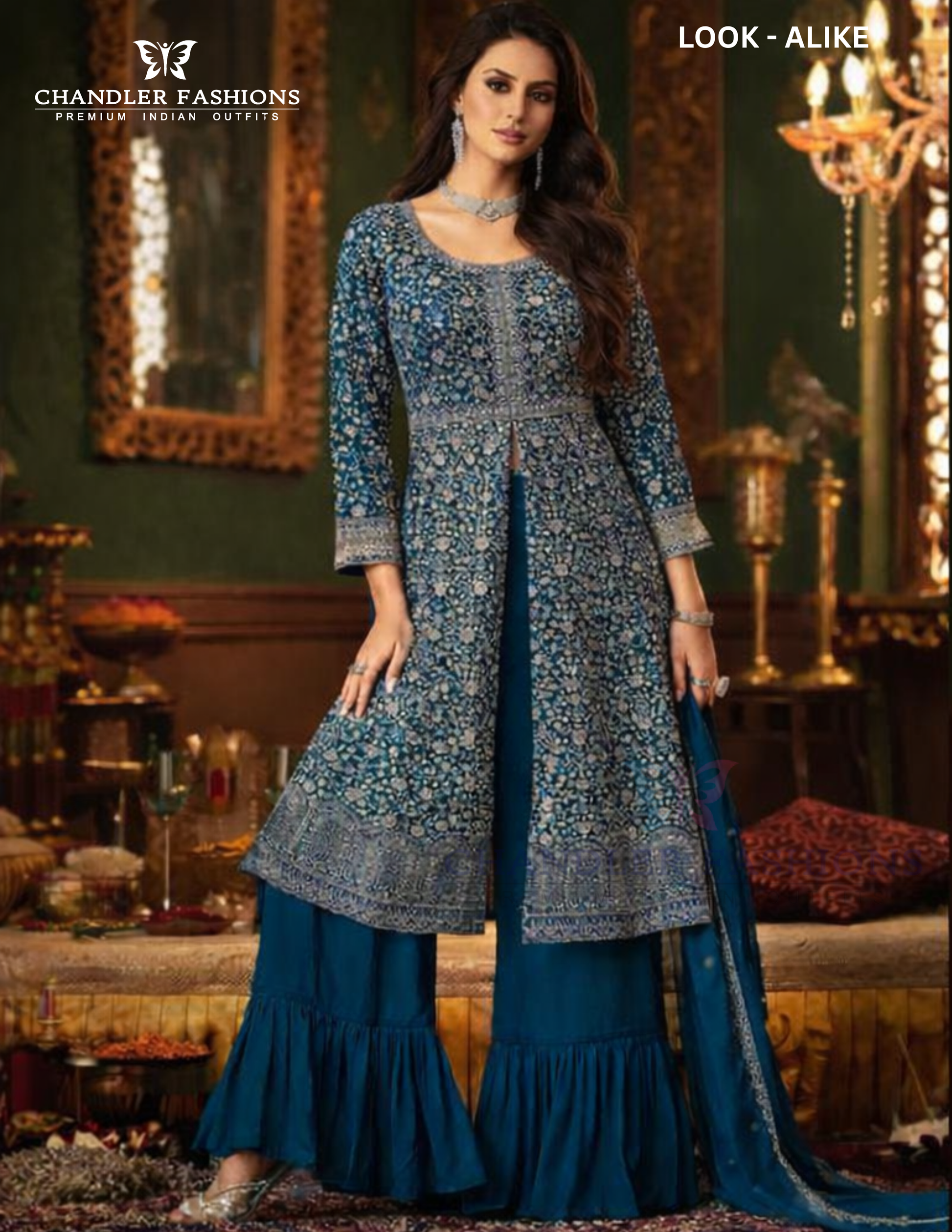 Gorgeous Teal Blue Color Georgette With Heavy Embroidery Work Palazzo Suits With Dupatta
