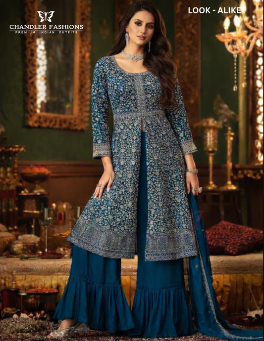 Gorgeous Teal Blue Color Georgette With Heavy Embroidery Work Palazzo Suits With Dupatta