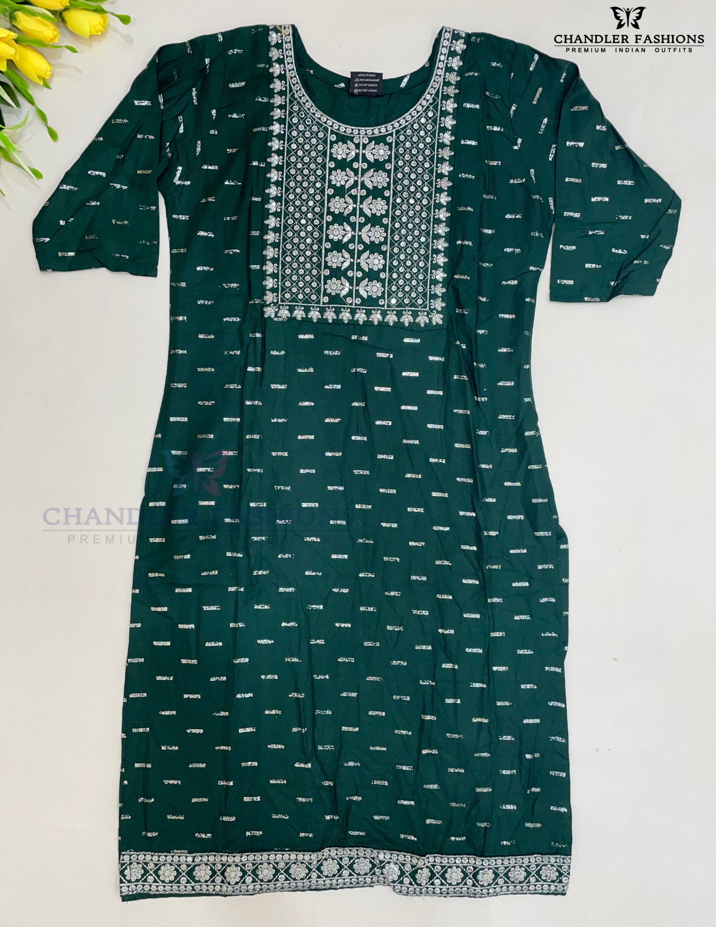 Pleasing Dark Green Color Rayon With Embroidery Work Kurti For Girls