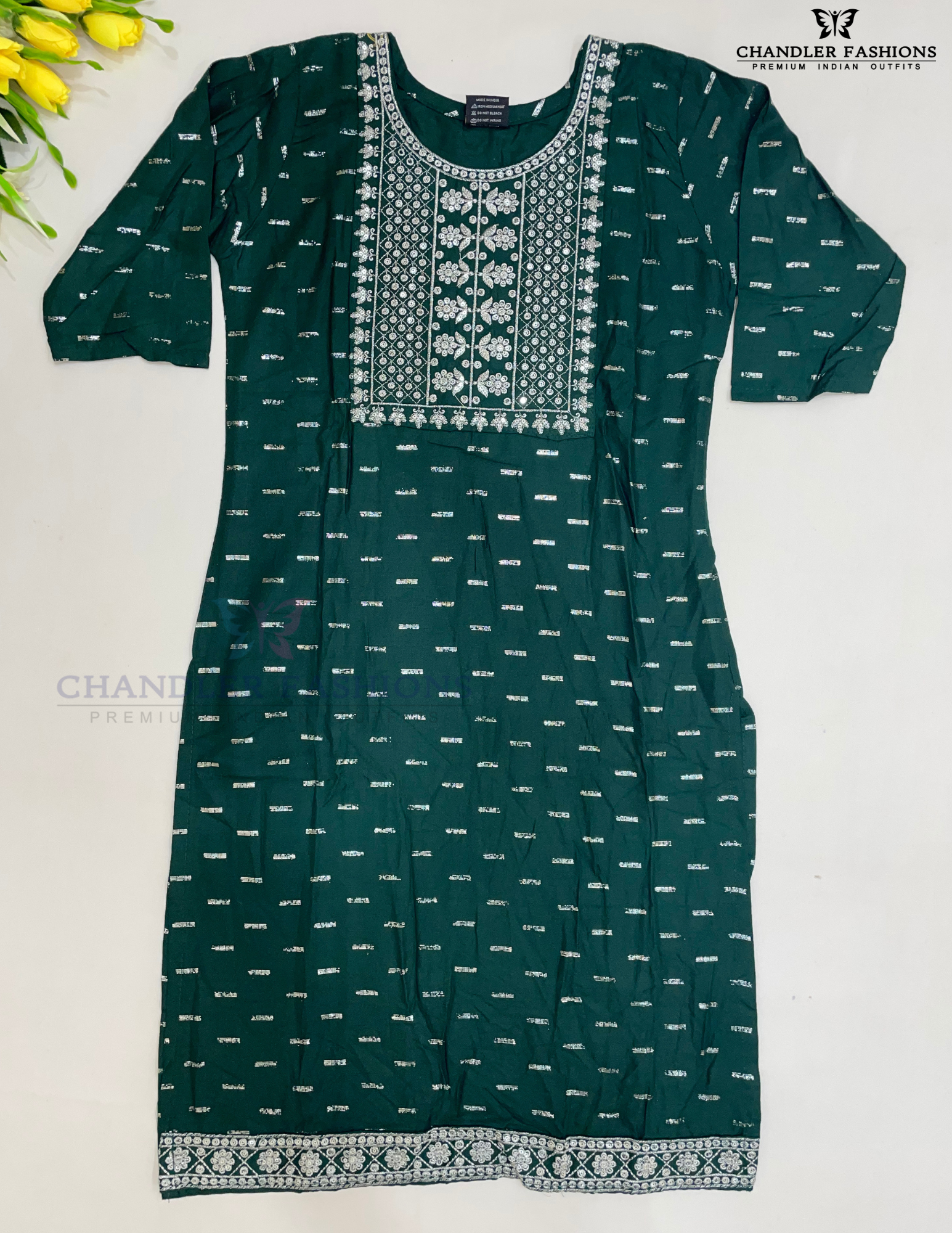 Pleasing Dark Green Color Rayon With Embroidery Work Kurti For Girls