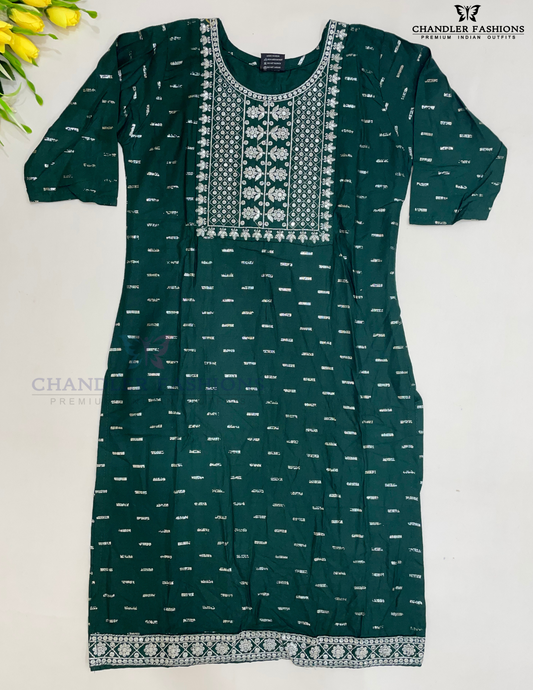 Pleasing Dark Green Color Rayon With Embroidery Work Kurti For Girls