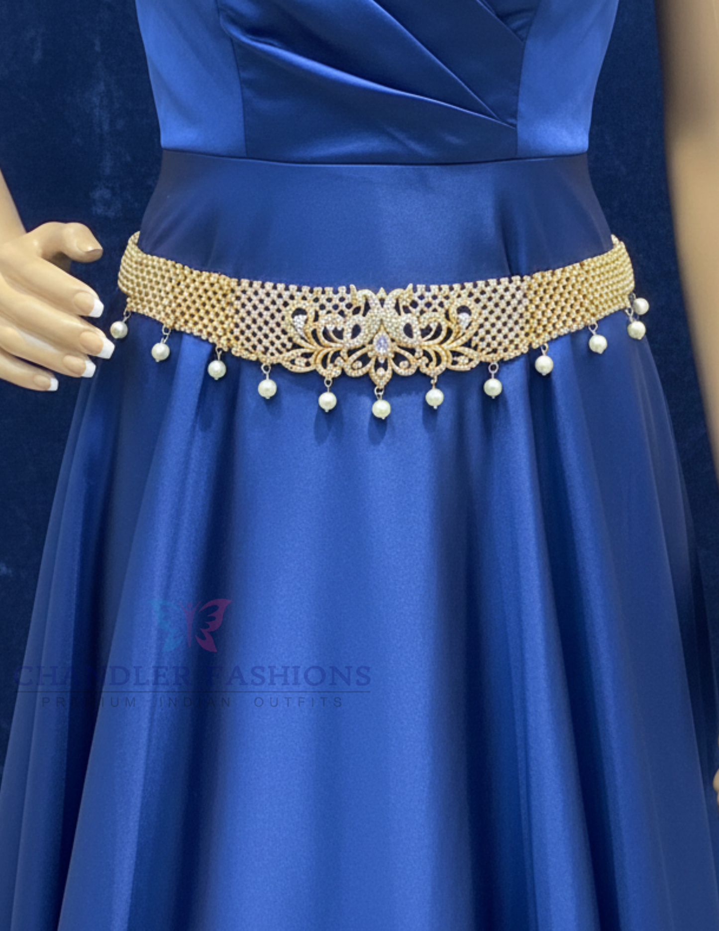 Beautiful Gold Plated Flower Shape & White Stones Hip Chain For Women