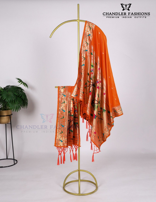 Attractive Orange Colored Weaving Zari Work With Tassels Jacquard Dupatta