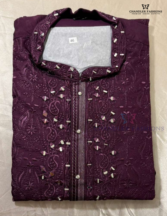 Elegant Purple Color Soft Silk With Embroidery And Mirror Work Kurta Suits For Men