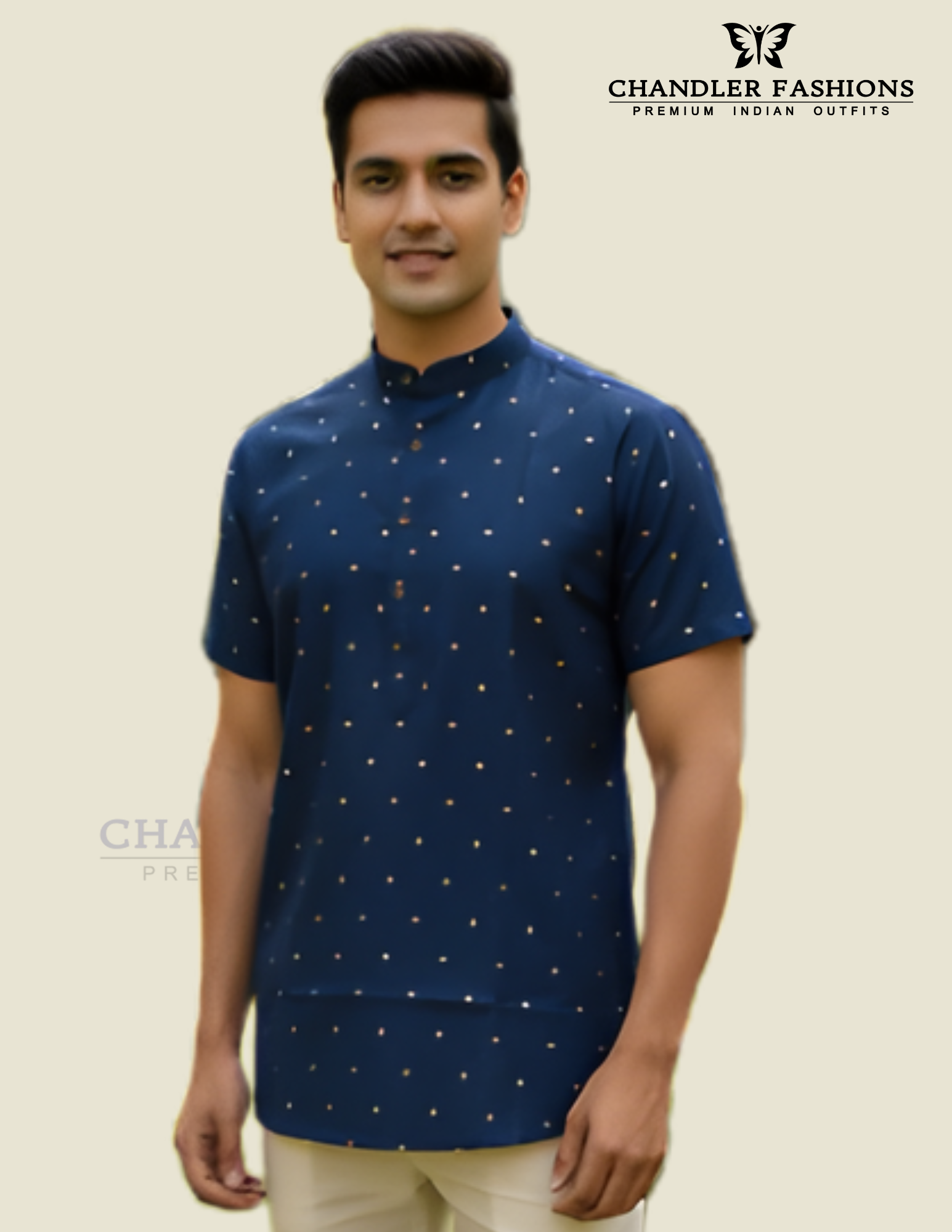 Appealing Blue Color Silk Cotton Short Kurta For Men