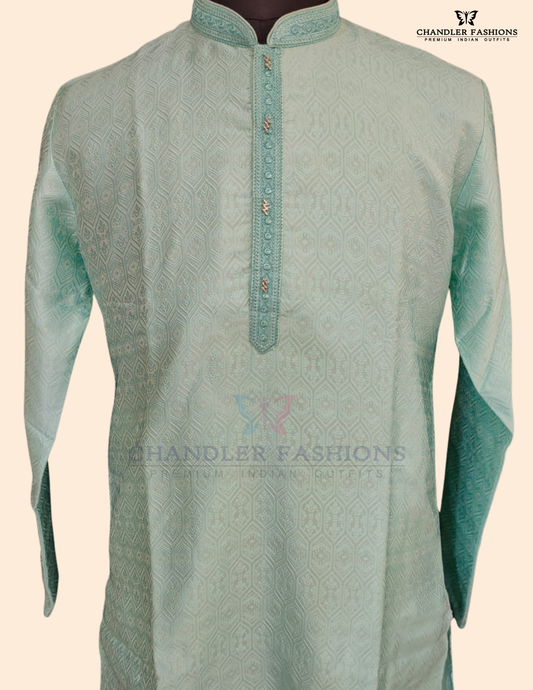 Attractive Sea Green Color Brocade Men's Kurta With Pajama