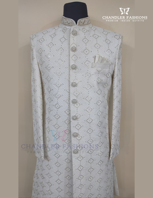 Stunning Ivory Color Raw Silk With Hand Embroidery And Sequins Work Sherwani Suit For Men - PREMIUM QUALITY
