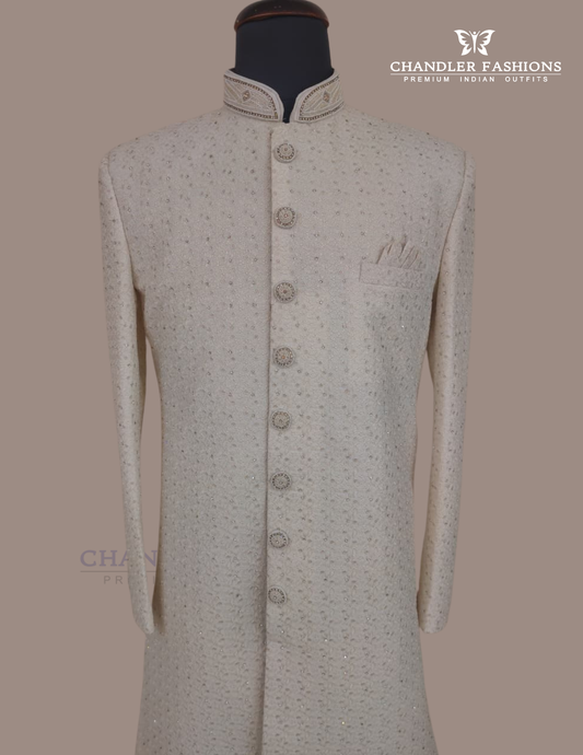 Appealing Cream Color Silk With Hand Embroidery And Sequins Work Sherwani Suit For Men - PREMIUM QUALITY