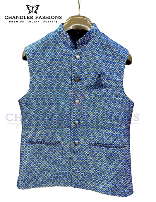 Fabulous Blue Color Cotton With Self Design Men's Jacket