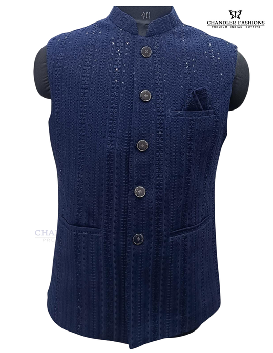 Amazing Navy Blue Color Cotton With Sequins Work Men's Jacket