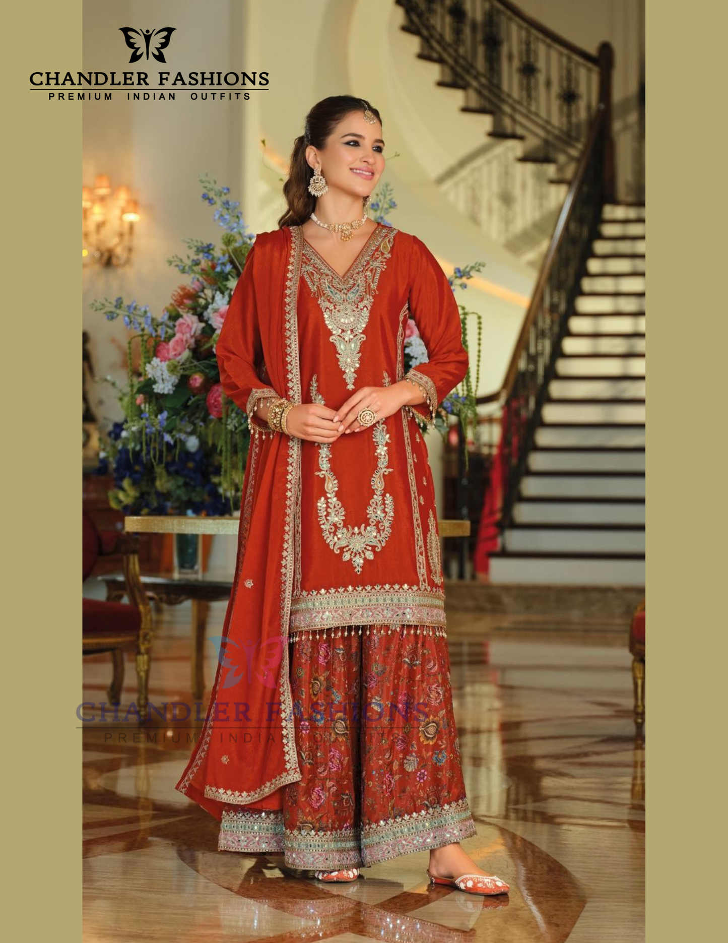 Appealing Orange Color Heavy Chinon With Embroidery Work Palazzo Suits And Dupatta