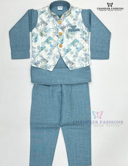 Alluring Teal Blue Color Cotton Sherwani Suits With Brooch Pin For Boys