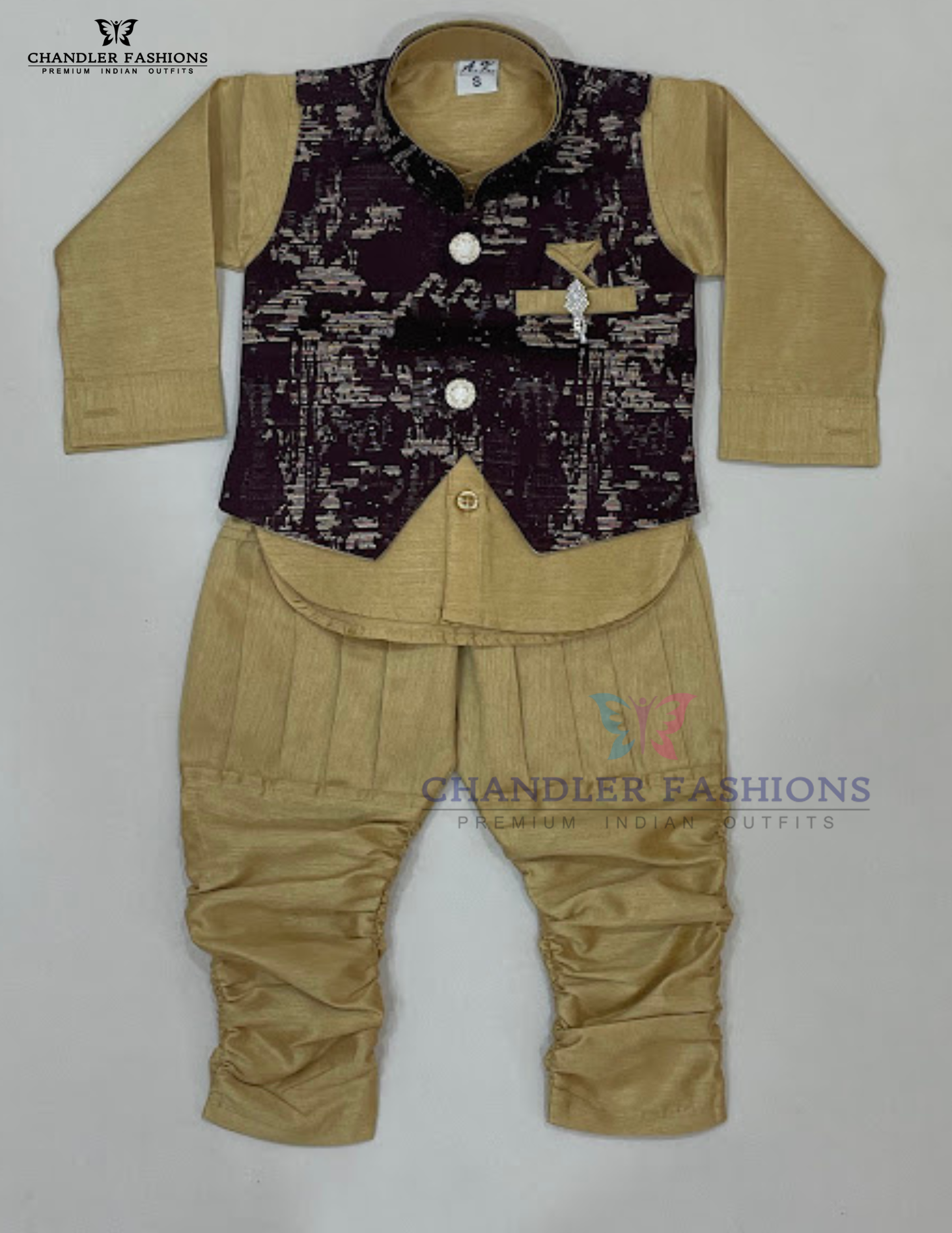 Wonderful Maroon And Sandal Color Cotton Sherwani Suits With Brooch Pin For Boys