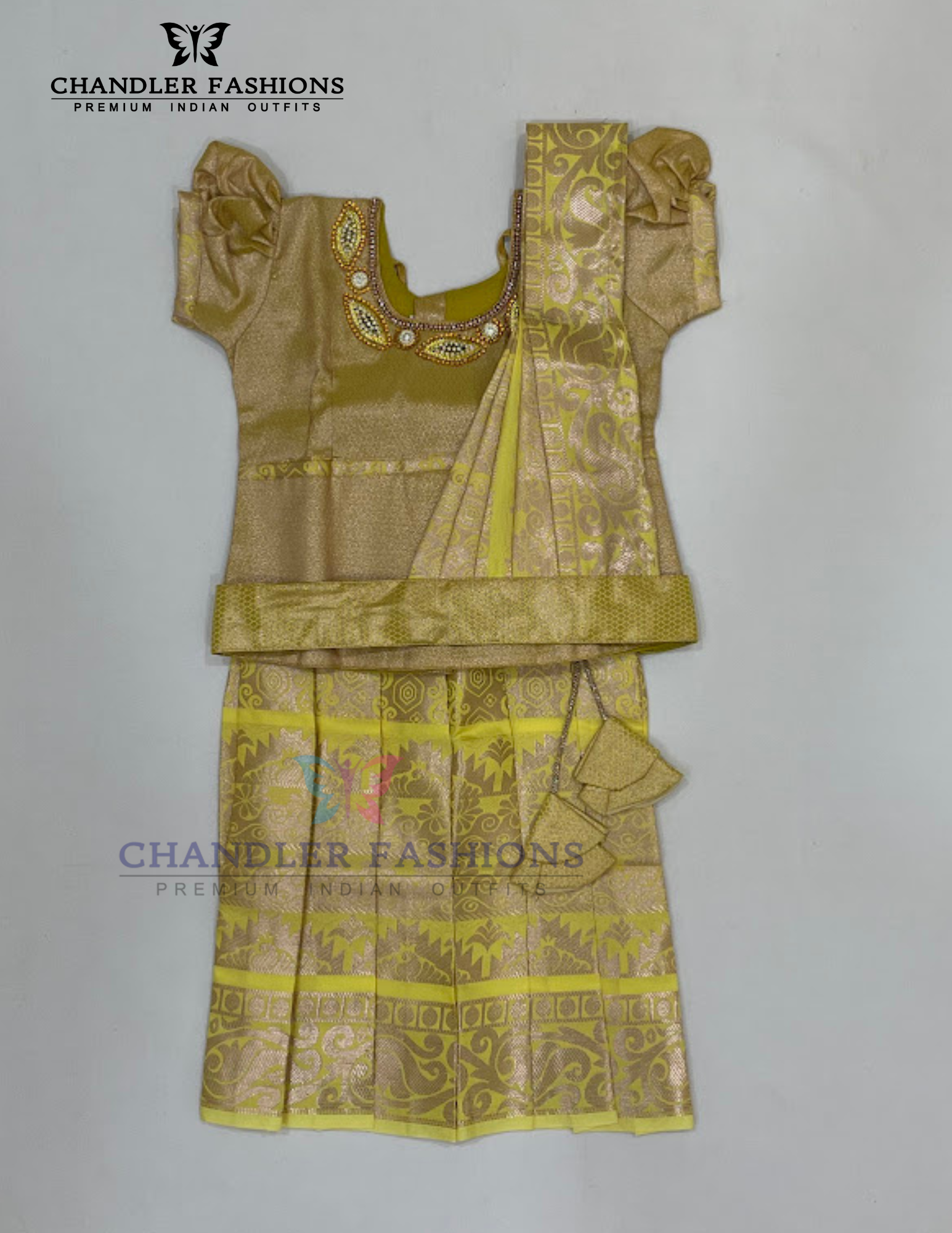Beautiful Gold Color Art Silk Langa Sets With Hip Belt For Girls