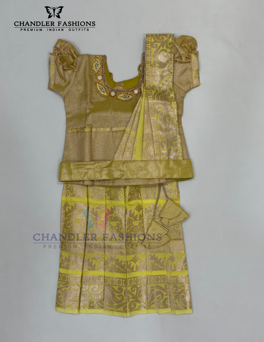 Beautiful Gold Color Art Silk Langa Sets With Hip Belt For Girls