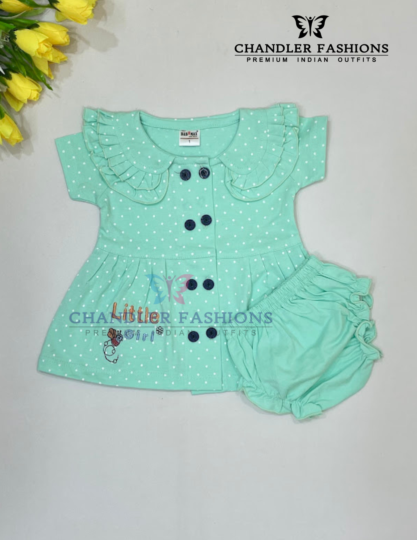 Pretty Green Color Cotton Gown For Girls