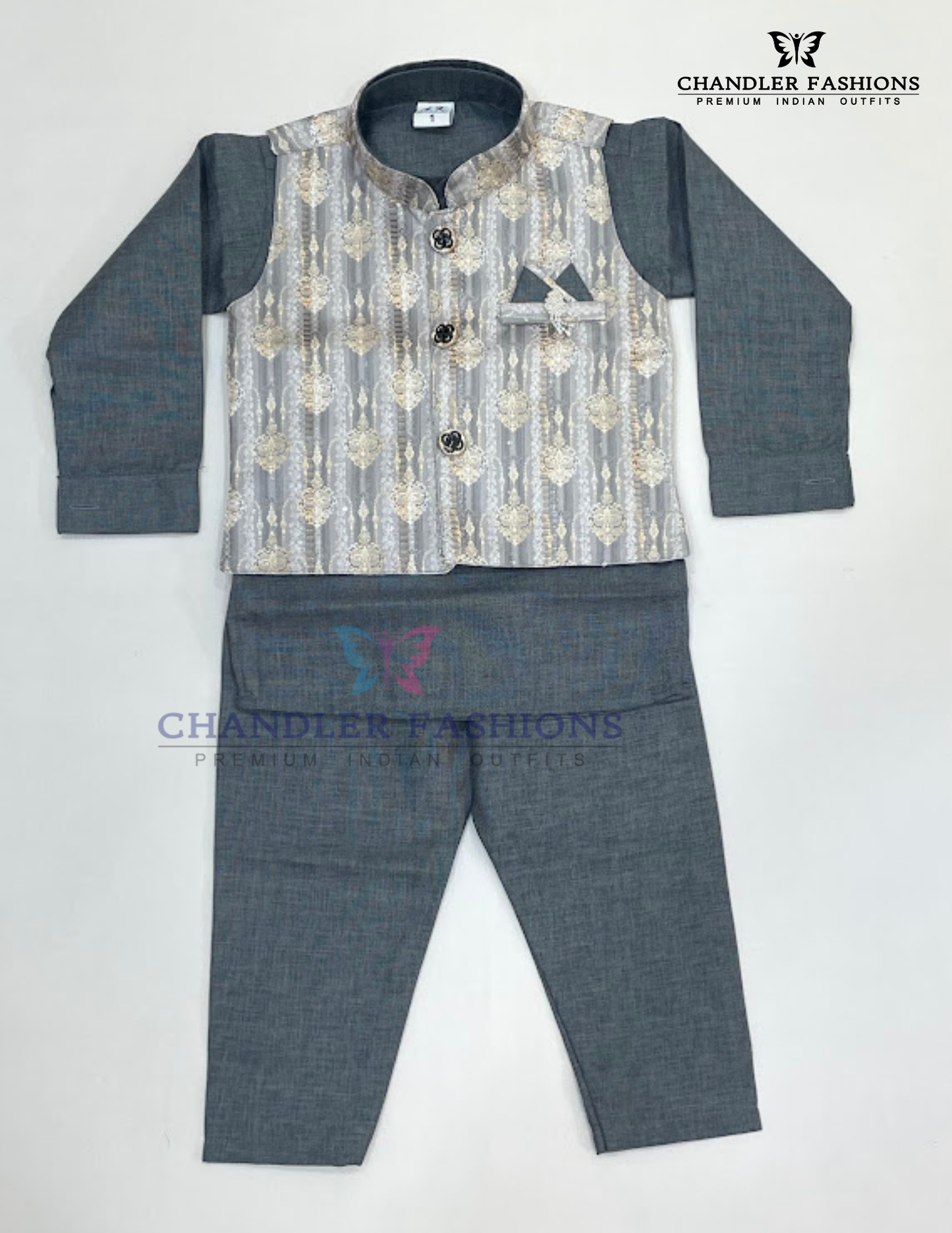 Delightful Gray Color Cotton Sherwani Suits With Brooch Pin For Kids