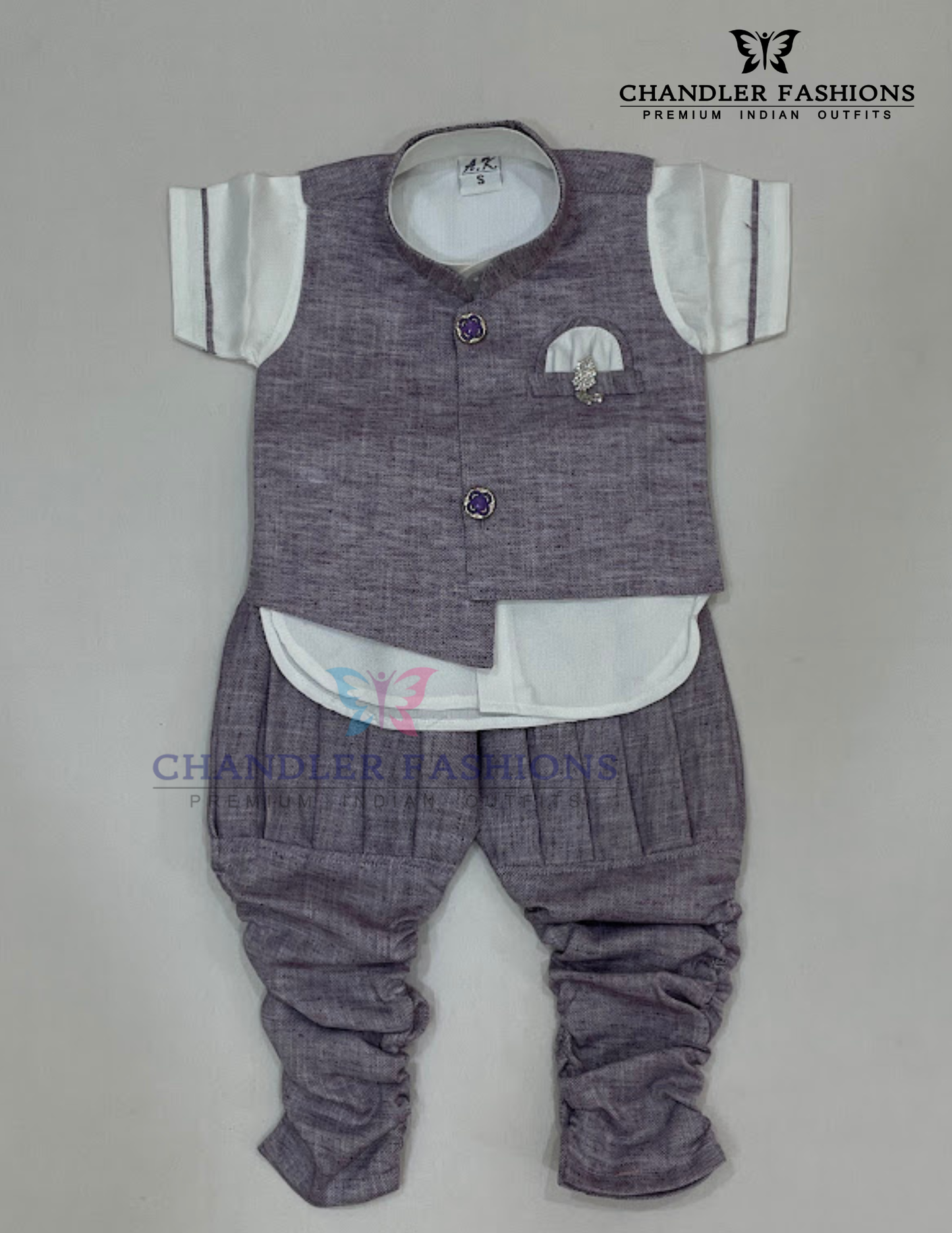 Appealing Purple And White Color Cotton Sherwani Suits With Brooch Pin For Kids