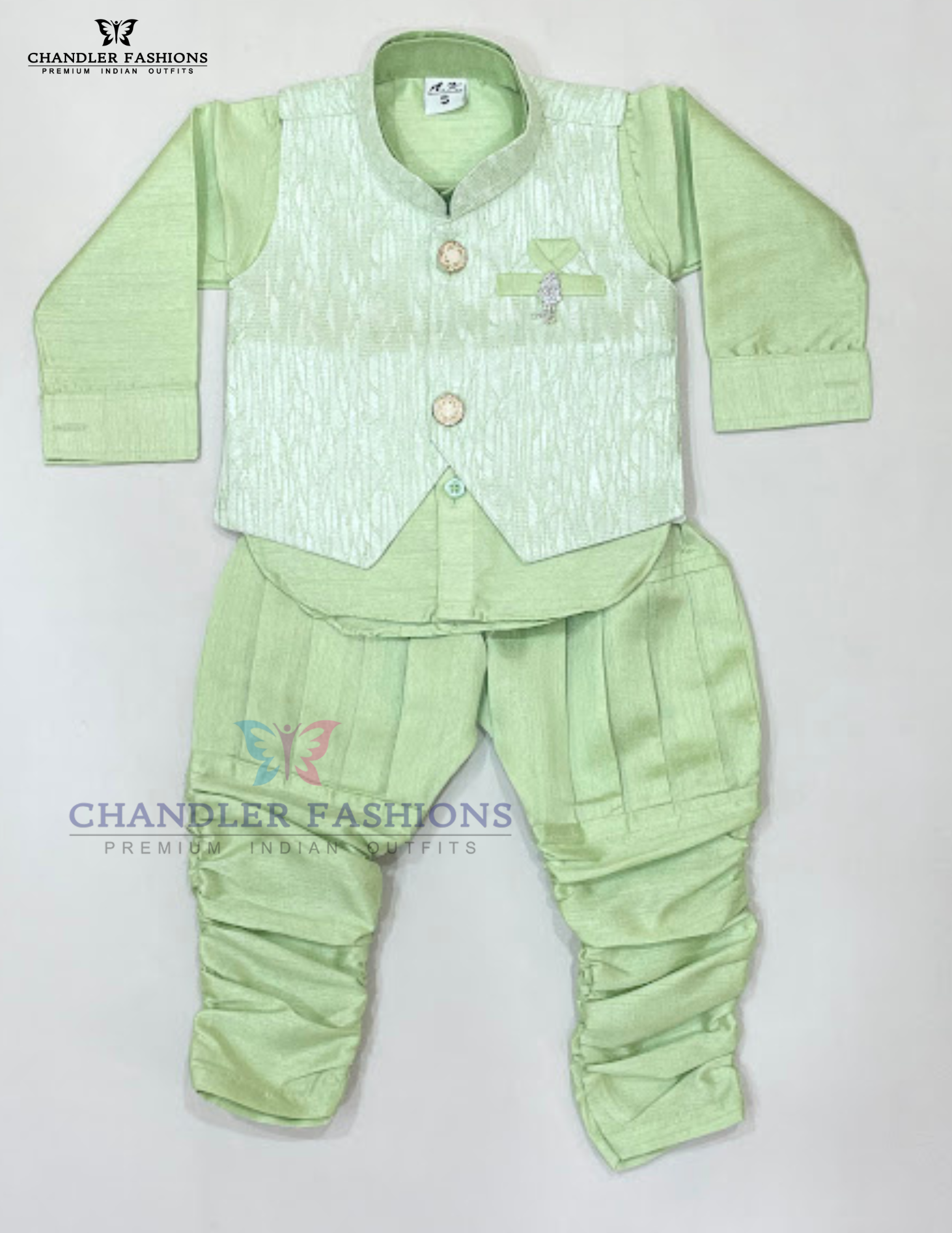 Appealing Pista Green Color Cotton Sherwani Suits With Brooch Pin For Boys