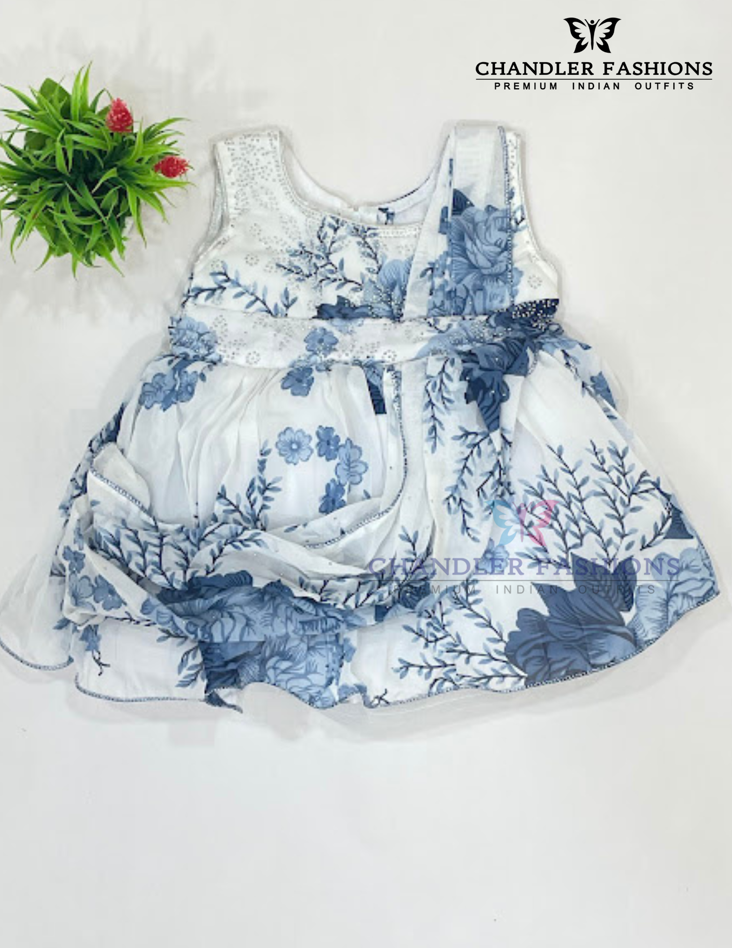 Fantastic Blue And White Color Georgette With Stone Work Gown For Girls