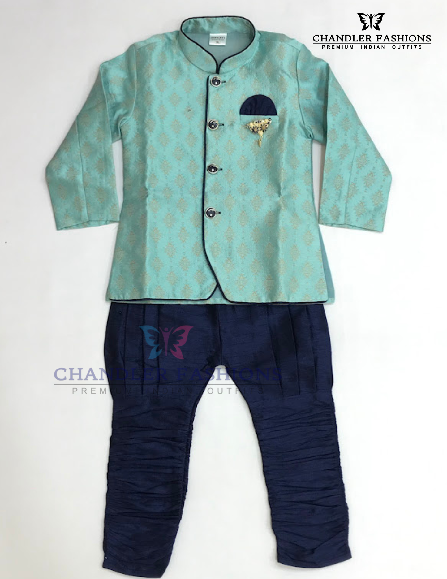 Alluring Sea Blue Color Sherwani Suit With Brooch Pin For Boys