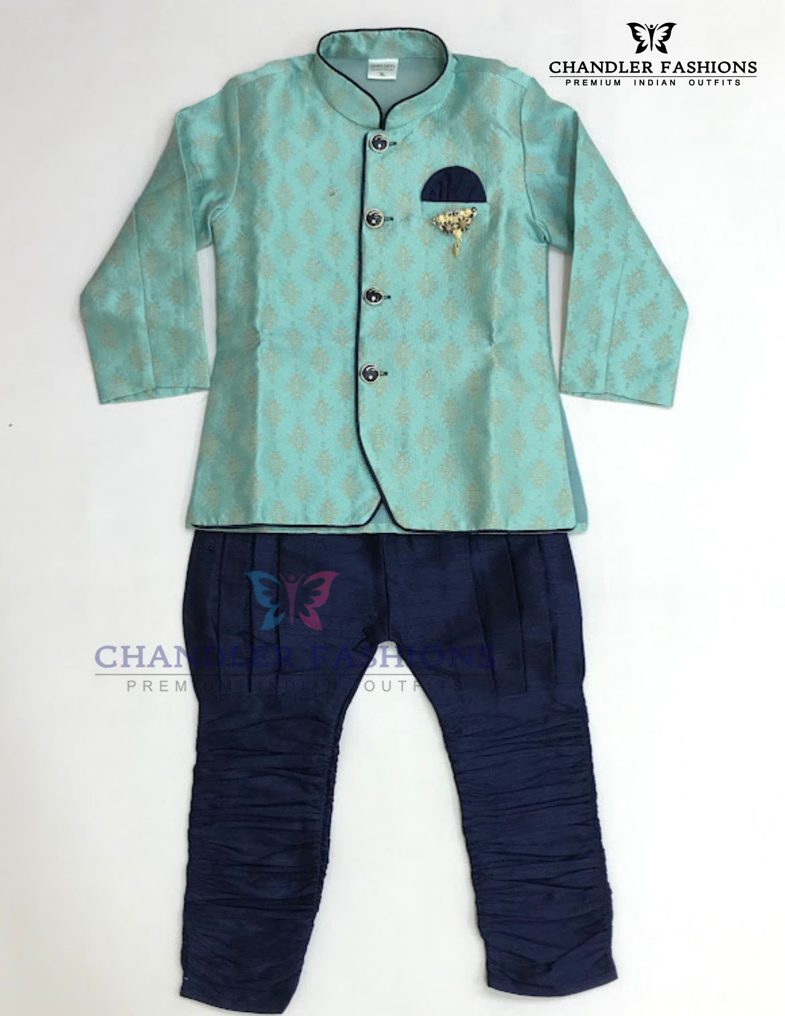 Alluring Sea Blue Color Sherwani Suit With Brooch Pin For Boys