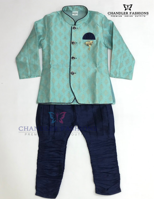 Alluring Sea Blue Color Sherwani Suit With Brooch Pin For Boys