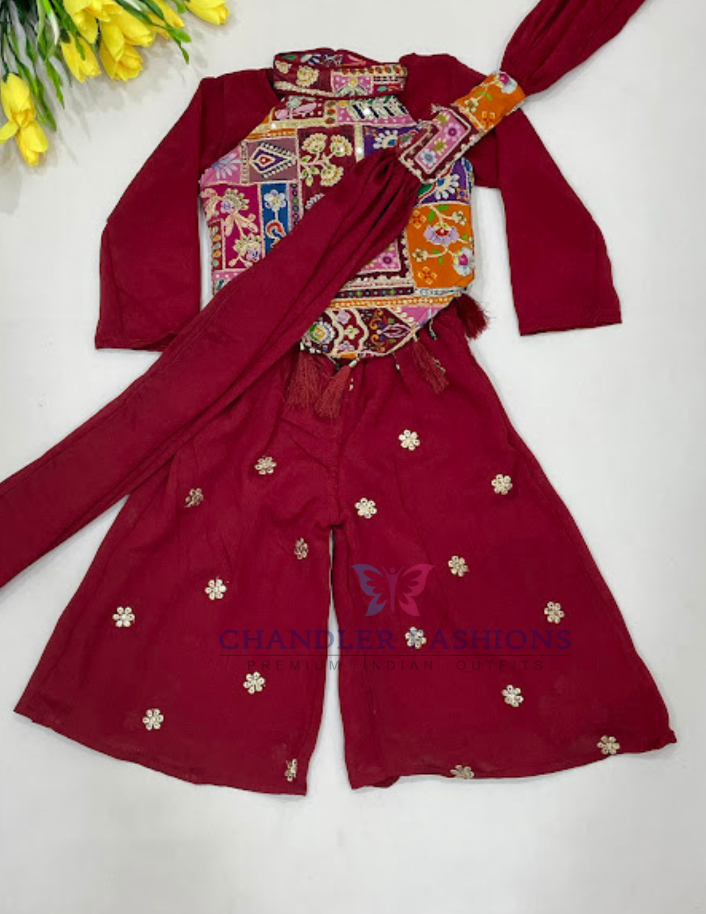 Attractive Maroon Color With Embroidery And Sequins Work Palazzo Suits For Girls