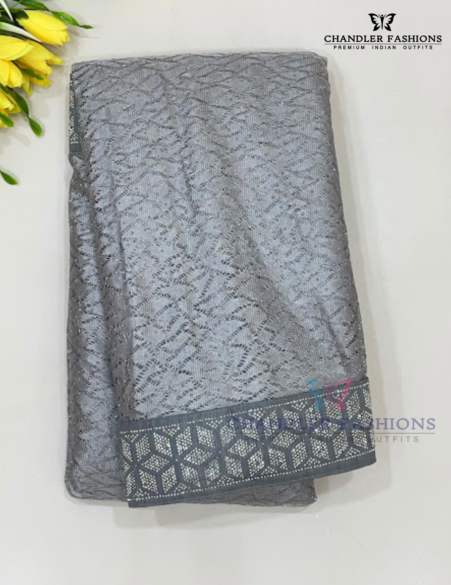 Captivating Gray Color Mono Net Saree With Swarovski Work For Women