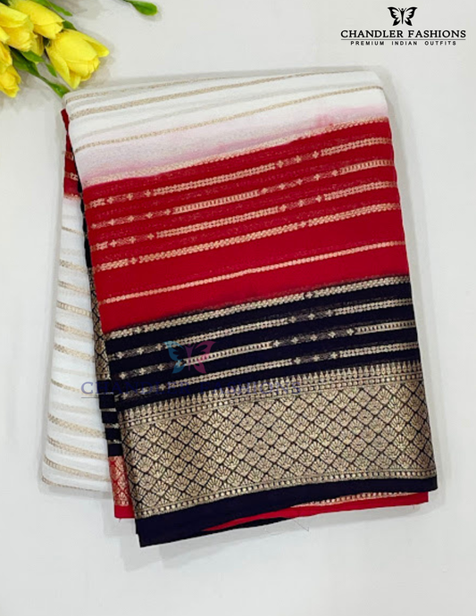 Charming White Color Georgette With Gold Zari Work Saree For Women