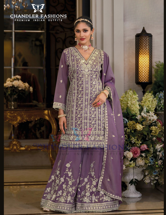 Charming Purple Color Shimmer With Embroidery Work Palazzo Suits And Dupatta