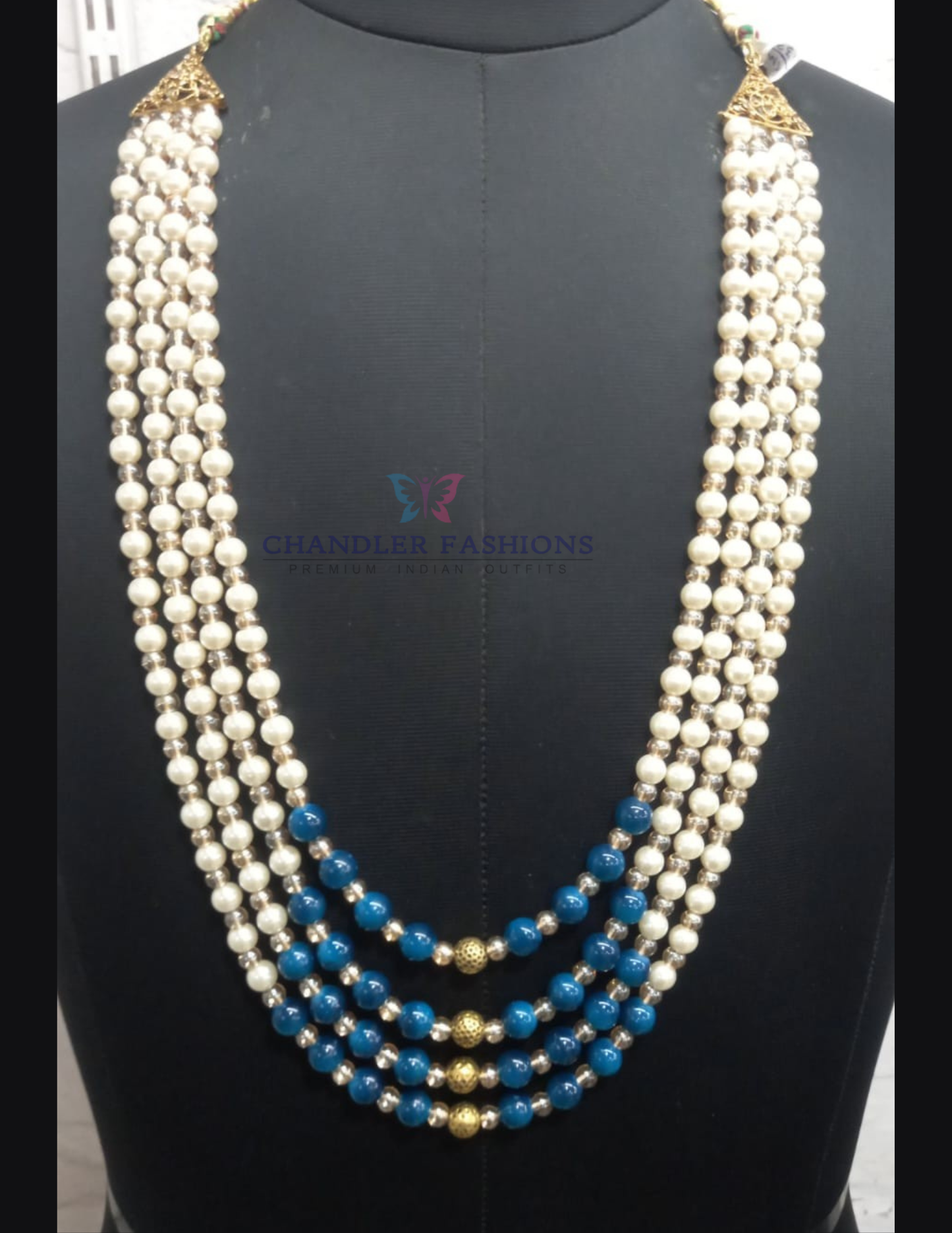 Elegant Blue And White Color Gold Plated With Designer Pearl Beaded Mala