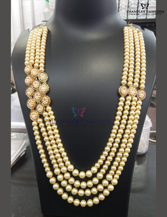 Elegant Gold Colored White And Gold Pearl With Stone Work Chains Mala