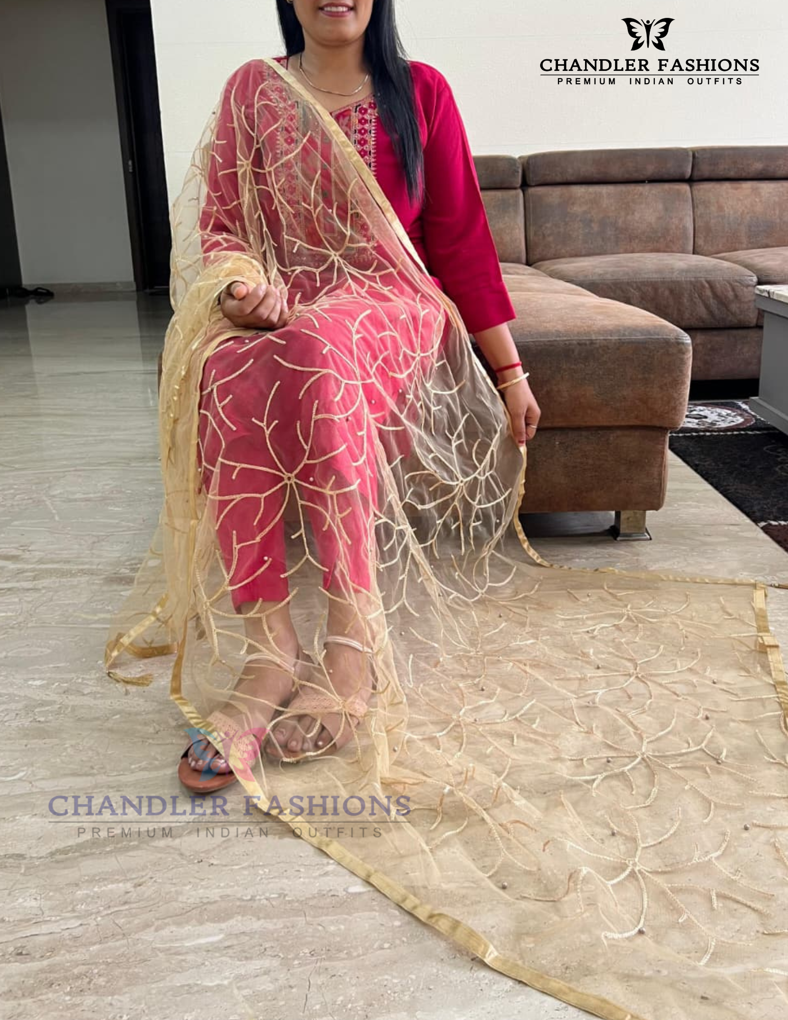 Alluring Sandal Color Net With Embroidery Work Dupatta For Women