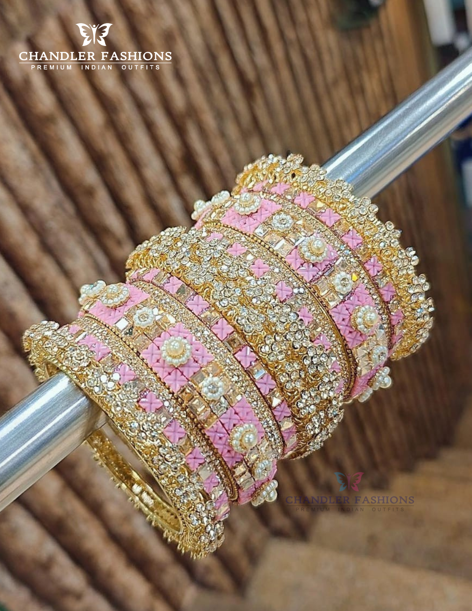 Appealing Pink And White Color Stone Metal Bangles For Women