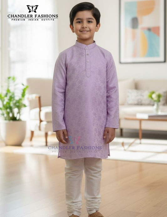 Amazing Light Lavender Color Jacquard Silk With Pajama Kurta For Boys