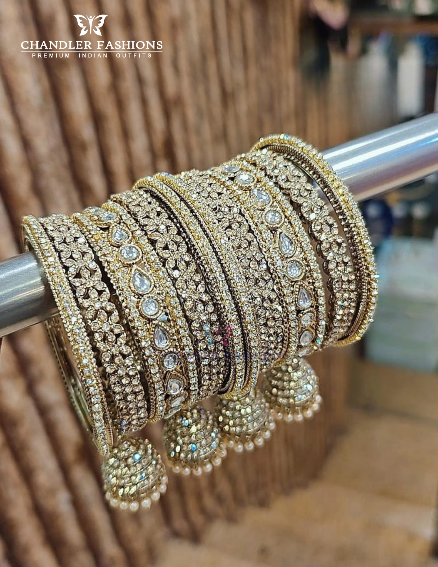 Attractive Copper Color Jhumka Chain And Stone Design Metal Bangles For Women