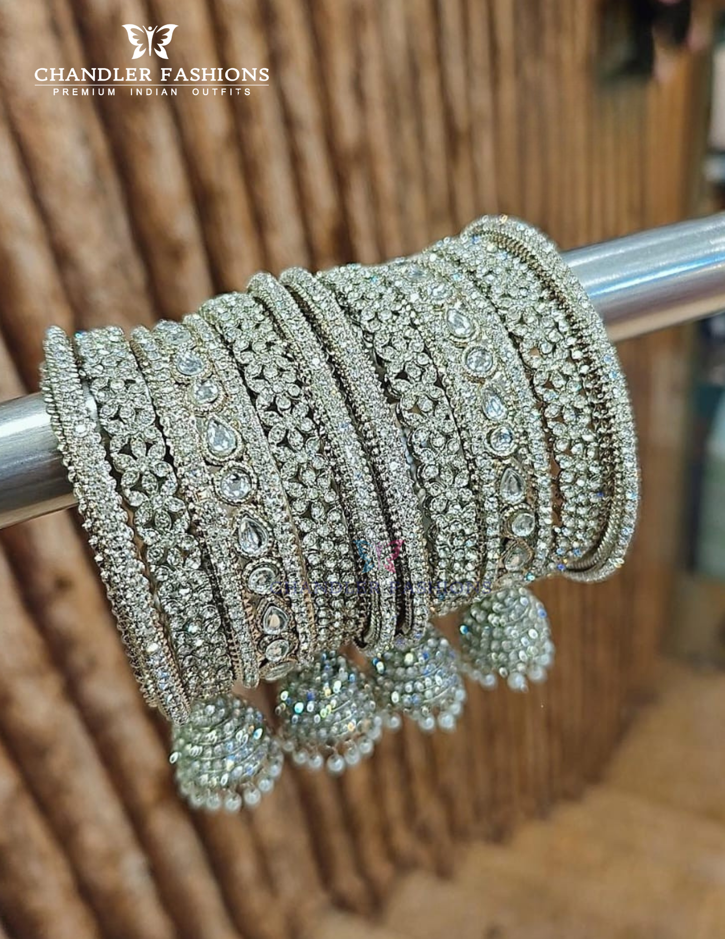 Elegant Silver Color Jhumka Chain And Stone Design Metal Bangles For Women
